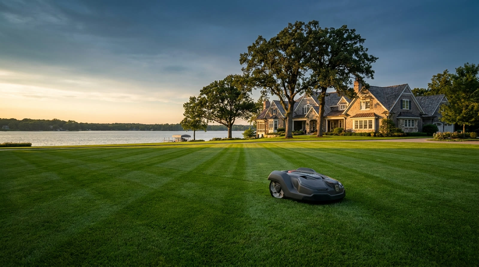 Robotic lawn mower on a manicured estate lawn in Franklin Lakes, NJ