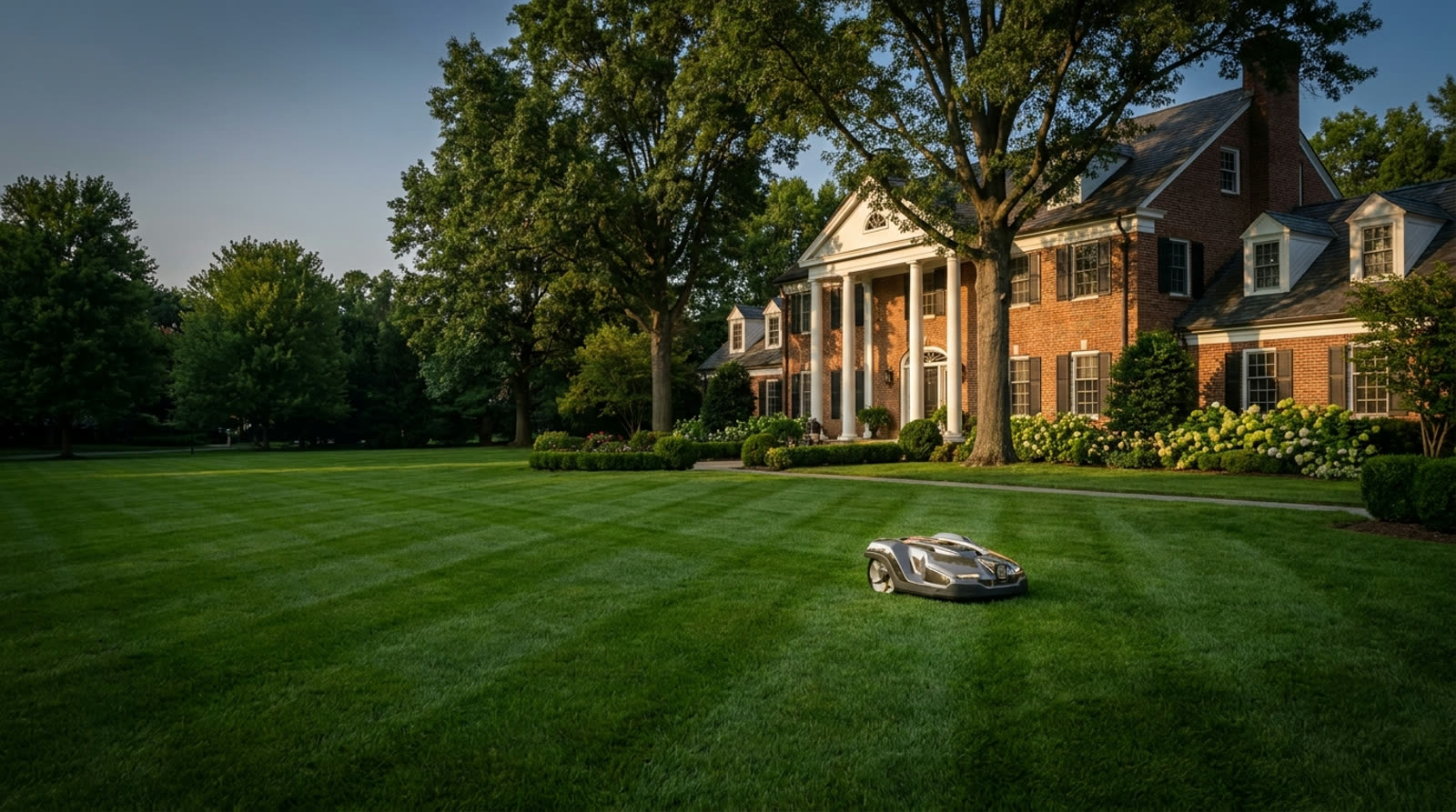 Robotic lawn mower on a manicured estate lawn in Short Hills and Millburn, NJ